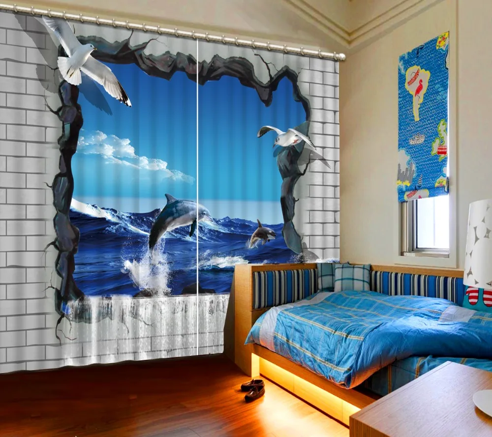 

customize 3D Curtains home Wave dolphin 3D Curtains For Bedding room Hotel window Blackout photo 3d curtains