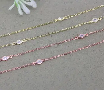 

5 Meter Cubic Zirconia Brass Chain Rhombus Shape Beaded Chain,Wire Wrapped CZ Chain For Jewelry Making