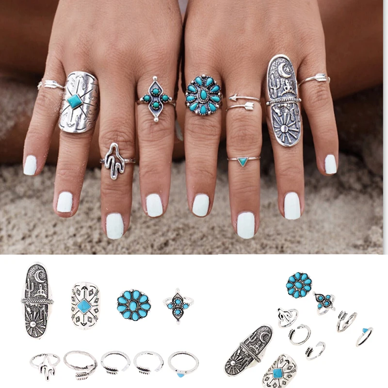 Antique Silver Gold Plated Ring Set Hollow Turquoise Deer Arrow Lucky