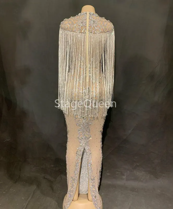Сетка Перспектива сверкающие кристаллы длинное платье вечернее платье стразы платья день рождения, празднование костюм платье с бахромой DS DJ