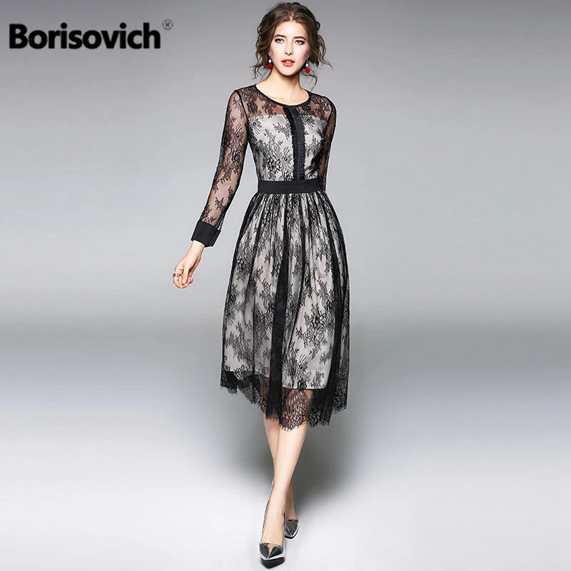 Comprar Vestido de mujer de encaje negro de lujo borimovich nueva llegada 2018 moda Primavera cuello redondo elegante delgado para damas vestidos de fiesta de noche M086