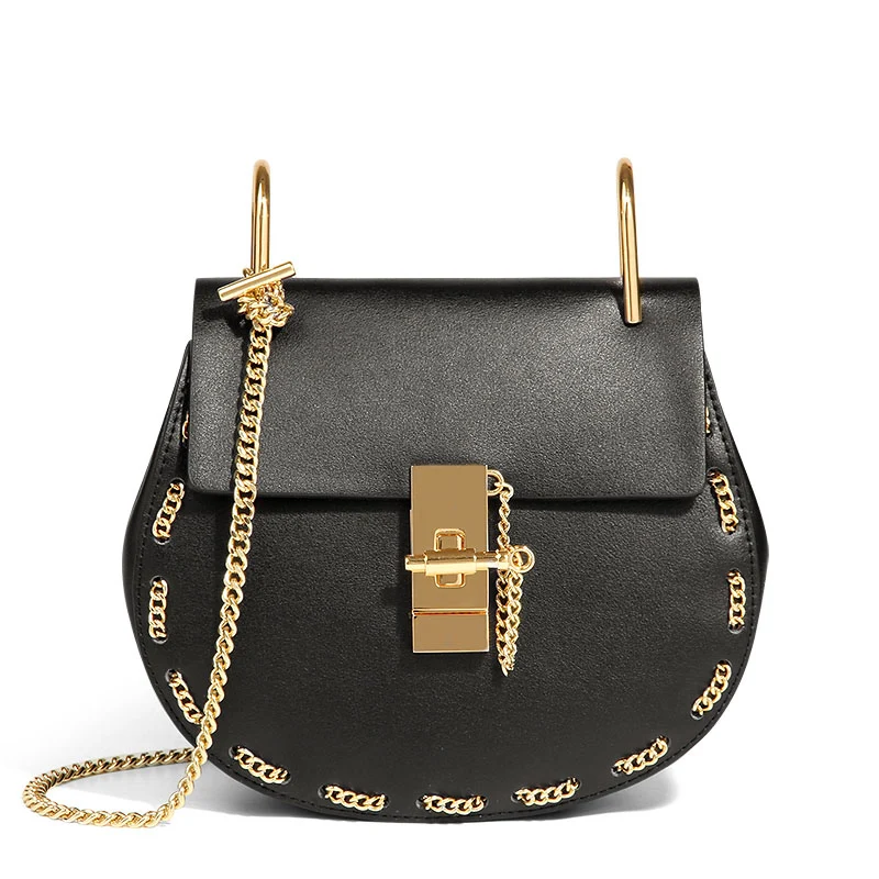 T0001 Женская мини-седельная сумка, модная женская маленькая сумка-мессенджер для девочек, сумка через плечо на цепочке, сумка из воловьей кожи с клапаном, женская сумка - Цвет: chain black