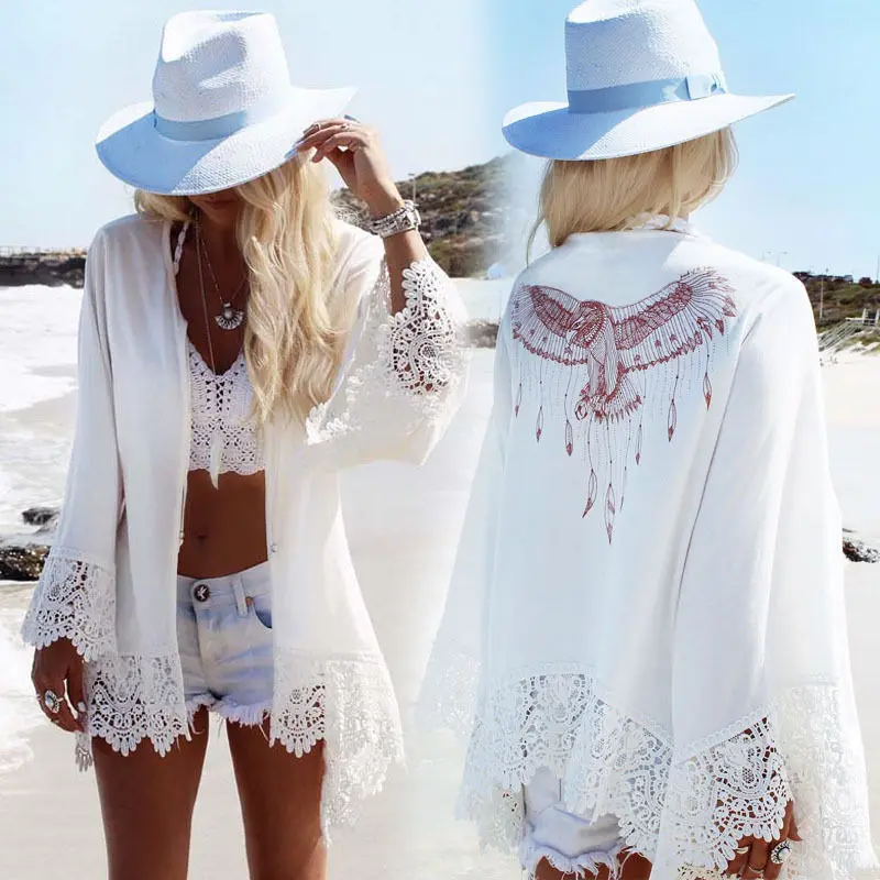 

2017 Summer Womens Cover Up BeachWear Eagle Print Casual Long Sleeve Loose Cardigan Tops Blouse White