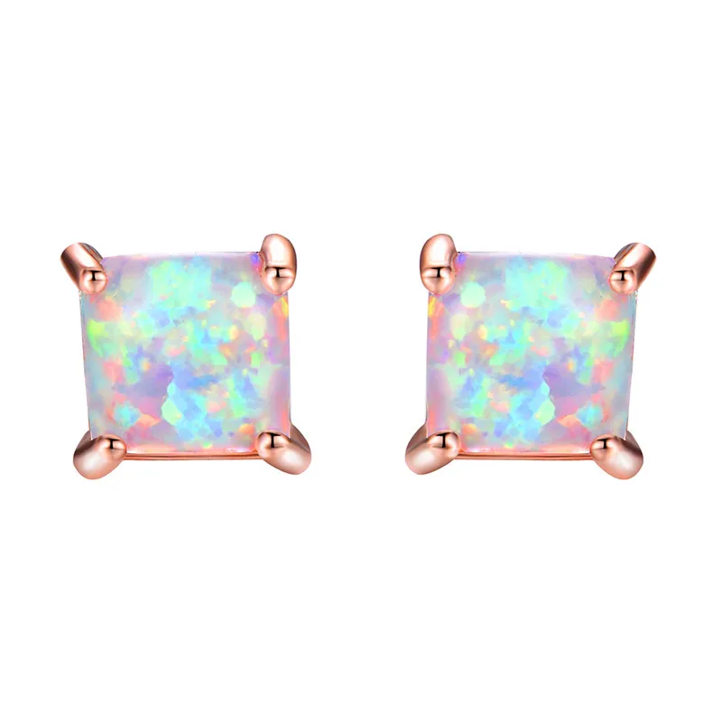 4/5/6/7MM Princess Cut Crystal Square Stud Earrings For Women Men Silver Rose Gold Color Black CZ White Blue Fire Opal Earrings - Окраска металла: White Opal Earrings