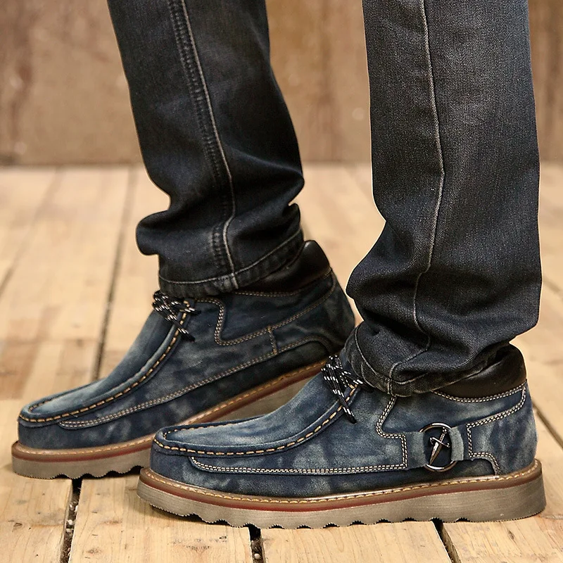Masorini/; обувь из натуральной кожи; ботильоны; мужские короткие плюшевые ботинки с круглым носком для взрослых; износостойкая Мужская обувь; WW-171 - Цвет: Blue