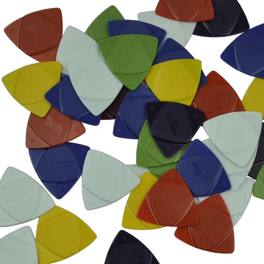 Lots of 50pcs Alice Triangle ABS Guitar Picks 3 Gauges in 1 Thin Medium Heavy Mixed Colors