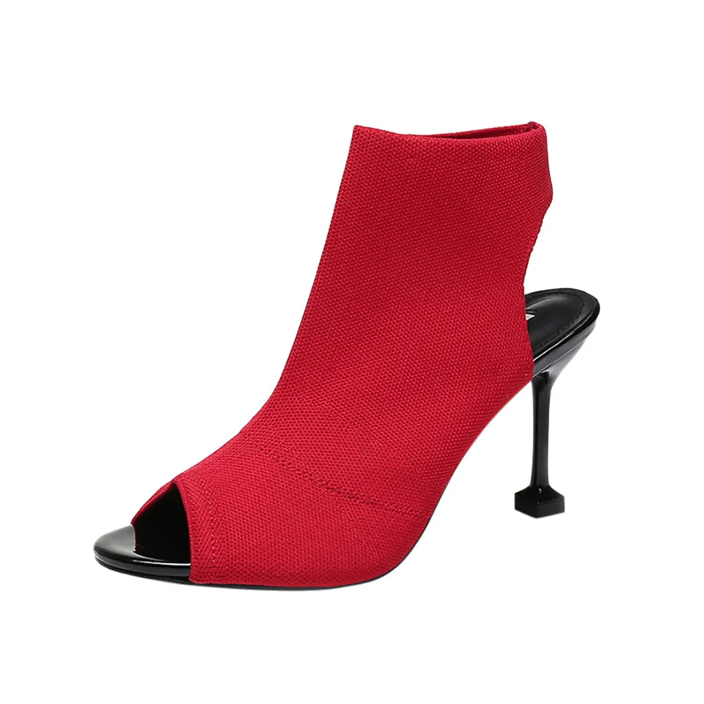 Женские босоножки на шпильках с открытым носком; эластичная вязаная обувь в римском стиле на высоком каблуке; модные пикантные Женские повседневные босоножки на высоком каблуке - Цвет: Красный