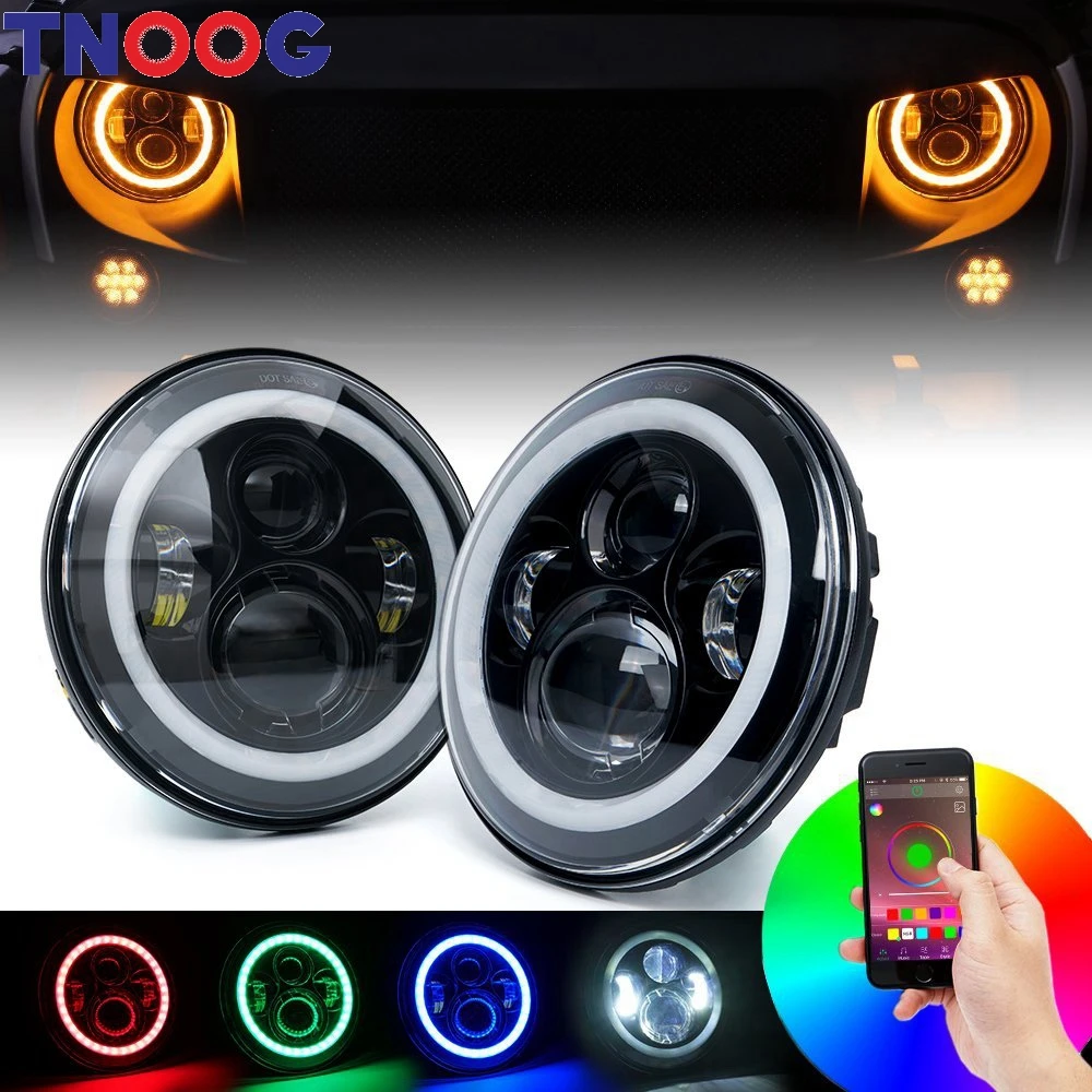 

7 inch LED RGB Headlight 7" Round DRL Headlamp Flashing RGB Angel eye halo ring Bluetooth Controlled for Jeep Wrangler Lada Niva