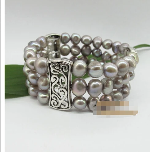 

FREE SHIPPING Grey 9-10MM Fresh Water Pearl Triple Strands Bracelet