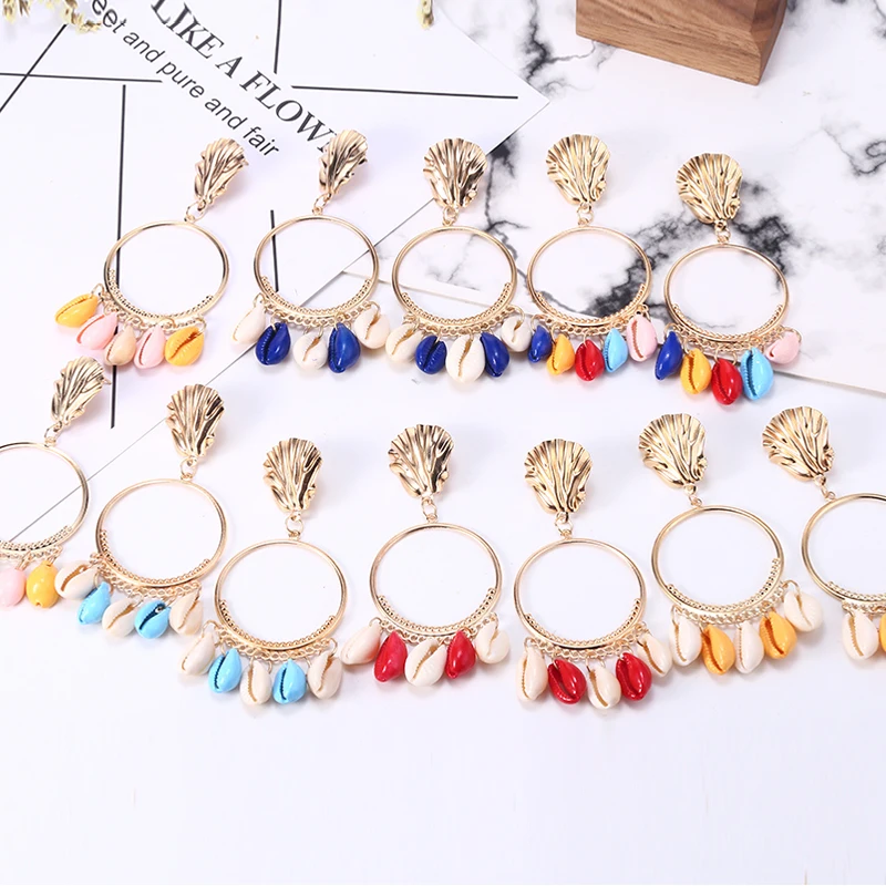 

HOCOLE 2019 Bohemian Sea Shell Drop Earrings For Women Handmade Gold Round Pendant Dangle Earring Statement Brincos Jewelry