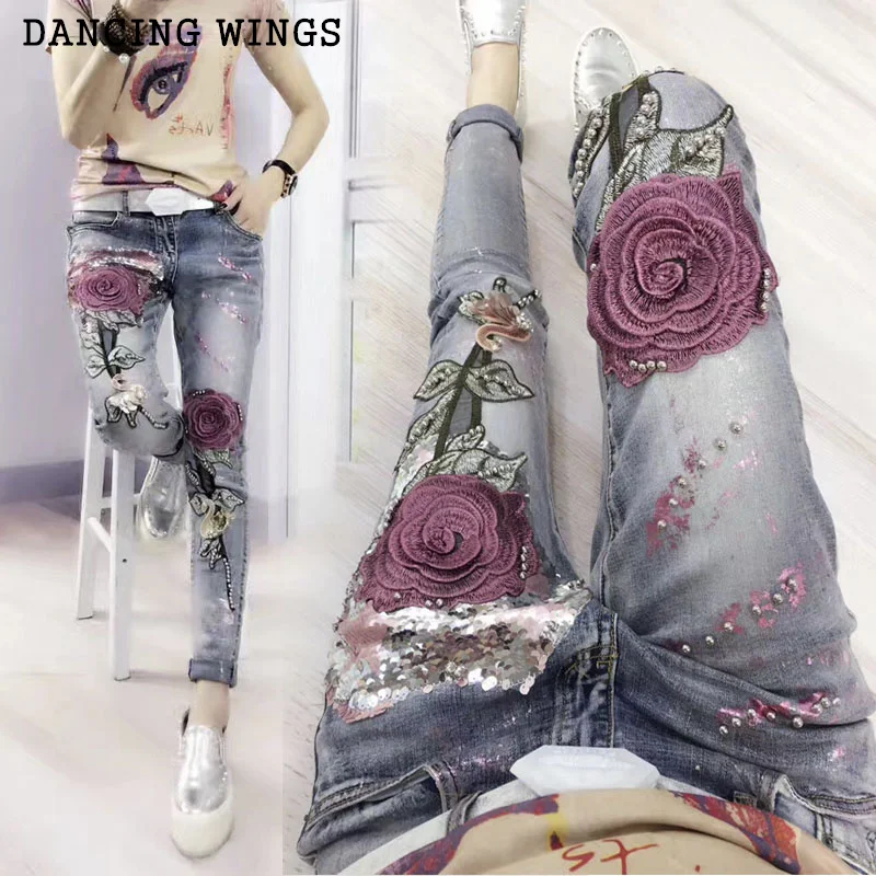 

Personality Women's Pencil Jeans Spring rose embroidery fashion sequins Elastic Stretch Trousers