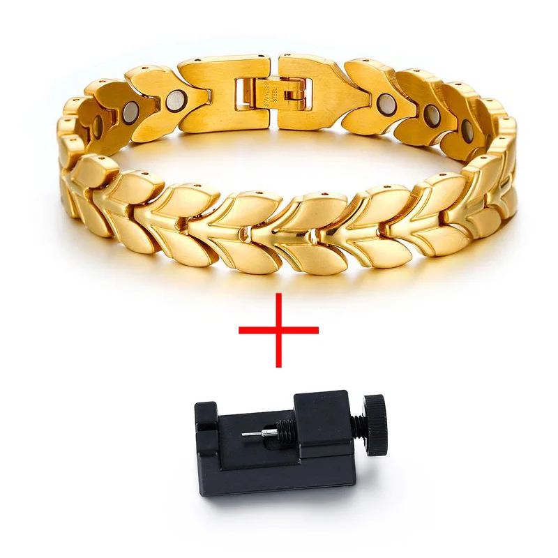 Vnox здоровья магнитный пшеницы цепи Браслеты для Для женщин Для мужчин Мощность золото-цвет Сталь Браслеты ювелирные изделия - Окраска металла: gold Add tool