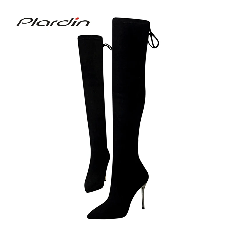 

Plardin Fashion Winter Martin Over The Knee Thin Heels Women Pumps Snow Boots Women Shoes Pointed Toe Riband Women's Snow Boots