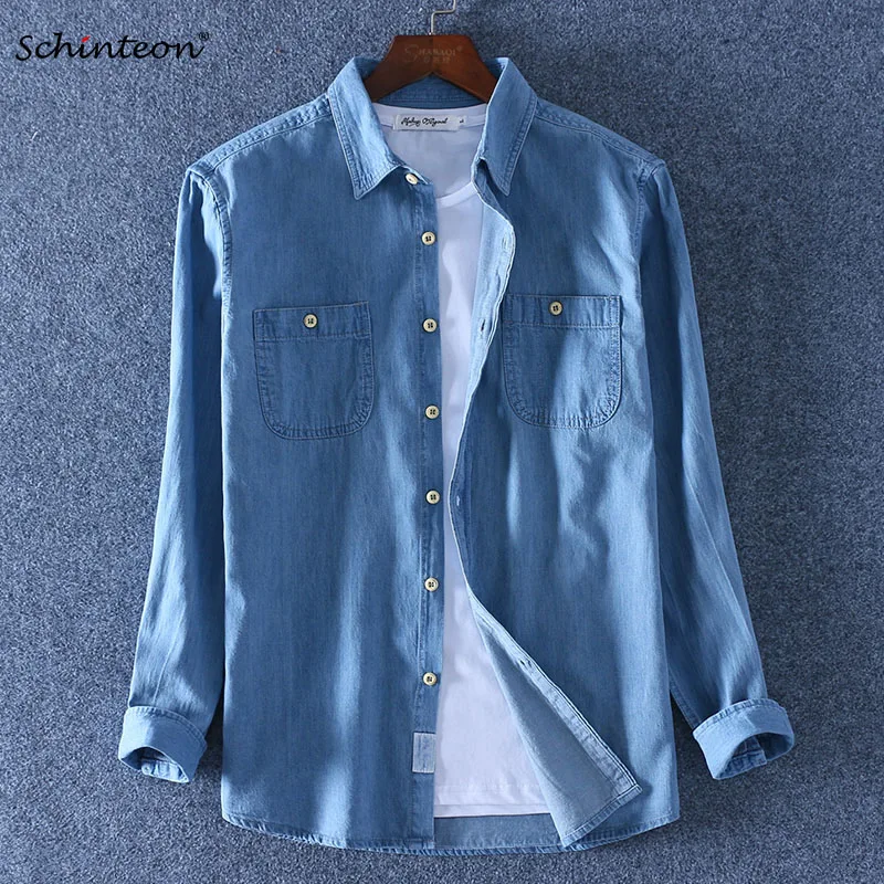 

2019 Brand New 100% Slub Cotton Long Sleeves Shirt Thin Denim Casual Solid Simple Comfortable Shirts Autumn Two Front Pocket
