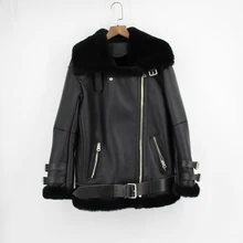 Новая модная женская Высококачественная Толстая теплая Натуральная Овчина кожаная куртка женская Европейская зимняя модная черная куртка