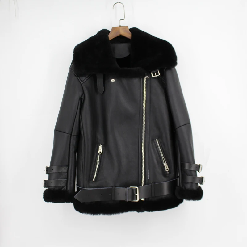 

2019 new fashion women high quality thick warm 100% genuine sheepskin leather jacket female European winter fashion coat black