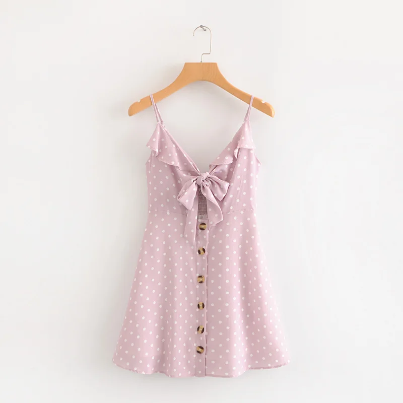 

2018 Women Sweet Dot Print Ruffles Bow Strap dress Summer Sexy V Neck Hollow Out Backless Mini dresses Party vestidos#N395