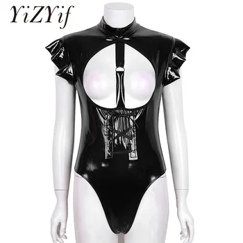 

YiZYiF Women Sexy Lingerie Bodysuits One-piece Wetlook Patent Leather High Neck Cap Sleeve Open Bust Teddy Bodysuit Nightwear
