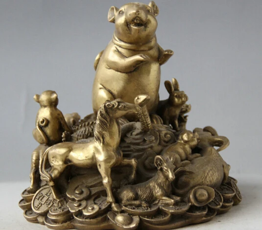WBY---427+++7&quot Chinese Brass 12 Zodiac Year Mouse Rat Mice Horse Tiger Pig Bull Statue Set | Дом и сад