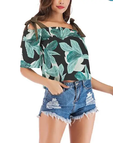 2019 summer women's new word collar off-shoulder beach chiffon shirt tie strap floral holiday shirt women