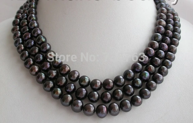 

HOT 0015054 stunning super 3rows 10mm round black freshwater pearl necklace