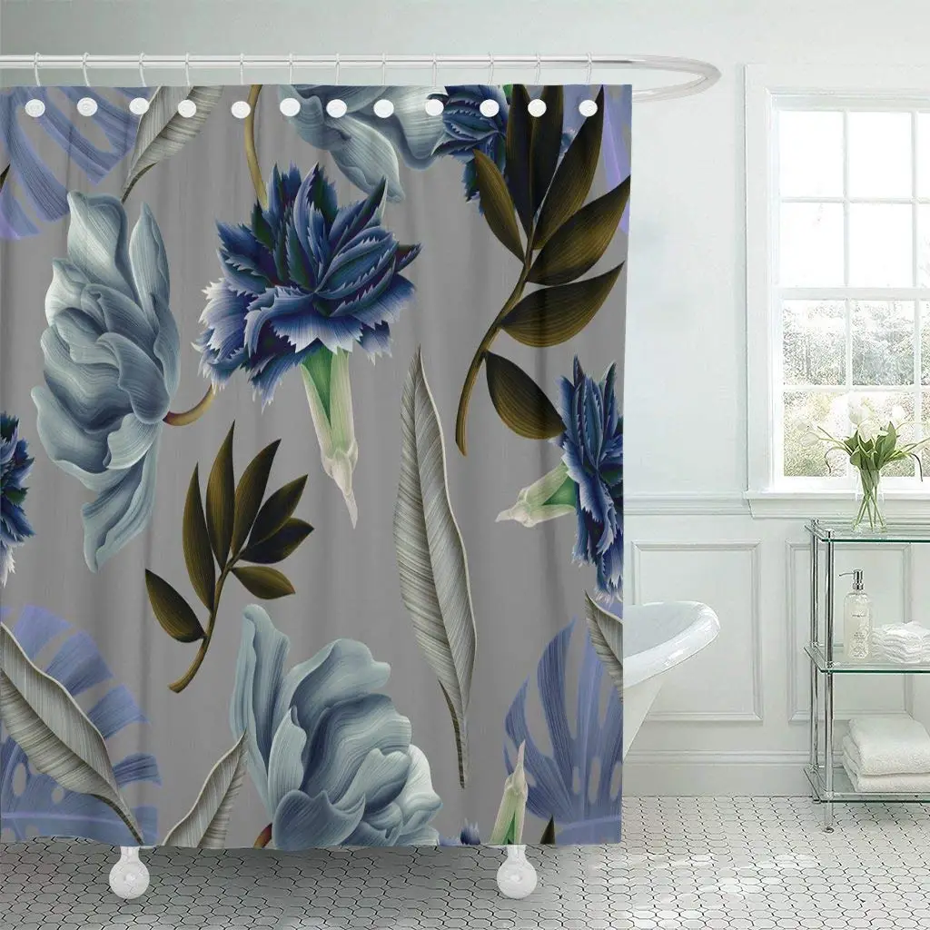 Shower Curtain with Hooks Colorful Floral Tropical Flower Plant and Leaf Pattern Green Ditsy Abstract Blossom Bathroom | Дом и сад