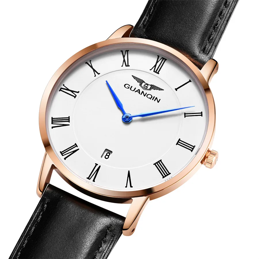 

2018 GUANQIN Quartz Watches Men Luxury Brand Men's Leather Belt Roman Calendar Fashion Stainless Steel Mens Wristwatch Clock