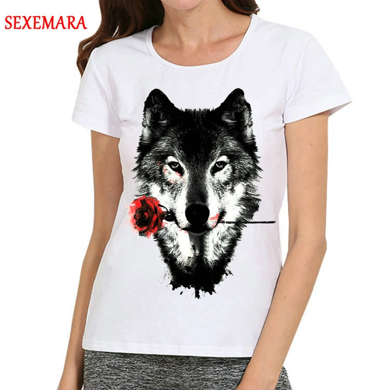 

Women White Animal Wolf T-Shirt Fashion Trendy Short Sleeve Wolf T Shirt Top Tees tshirt Girls Streetwear T-shirt For Summer