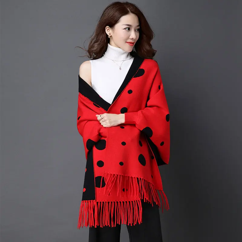 Модные женские туфли шаль-свитер пончо с рукавами «летучая мышь» кисточками накидка в горошек свитера женские кардиганы Трикотаж Pull Femme A449 - Цвет: red