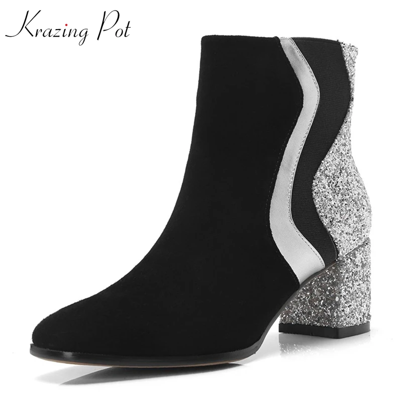 

Krazing Pot hot sale cow suede streetwear round toe mixed color sequined cloth bling high heel sweet fairy party ankle boots L06