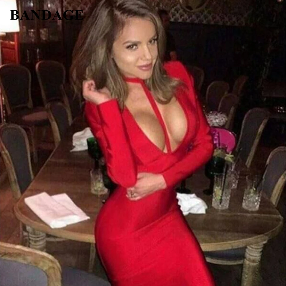 

Sexy V Neck Halter Bandage Dress Bodycon Full Sleeve Dresses Celebrity Party Club Vestido Factory Price Hot Sale Free Shipping
