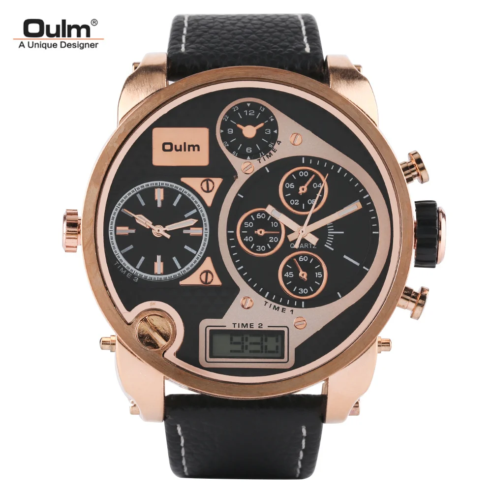 

OULM Rose Gold Multifunction Large Watch for Men Multiple Time Zone Man Wristwatches Leather Band Led Display Male Clock Gifts
