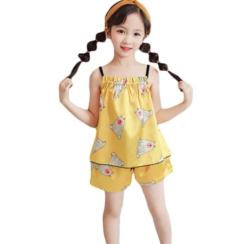 

Children's Pajamas For Girls Pajamas Silk Summer Sleepwear Kids Camisole Shorts 2pcs Suit for 3 4 5 6 7 9 11 13Years Girl PJ39