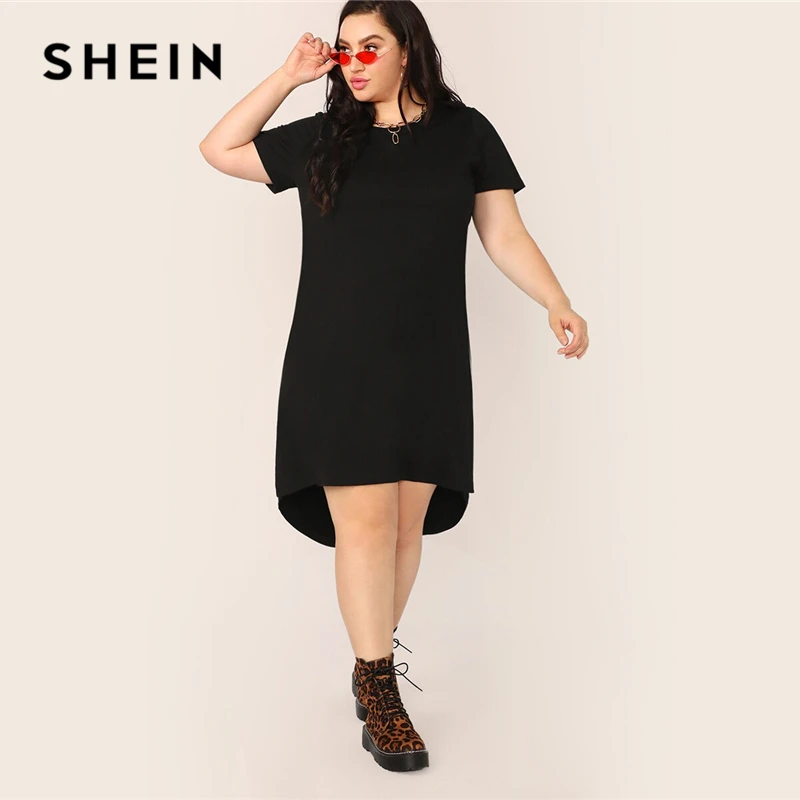 

SHEIN Plus Size Black Split High-Low Hem Solid Tunic Dress 2019 Women Summer Casual Split Shift Basics Straight Plus Dresses