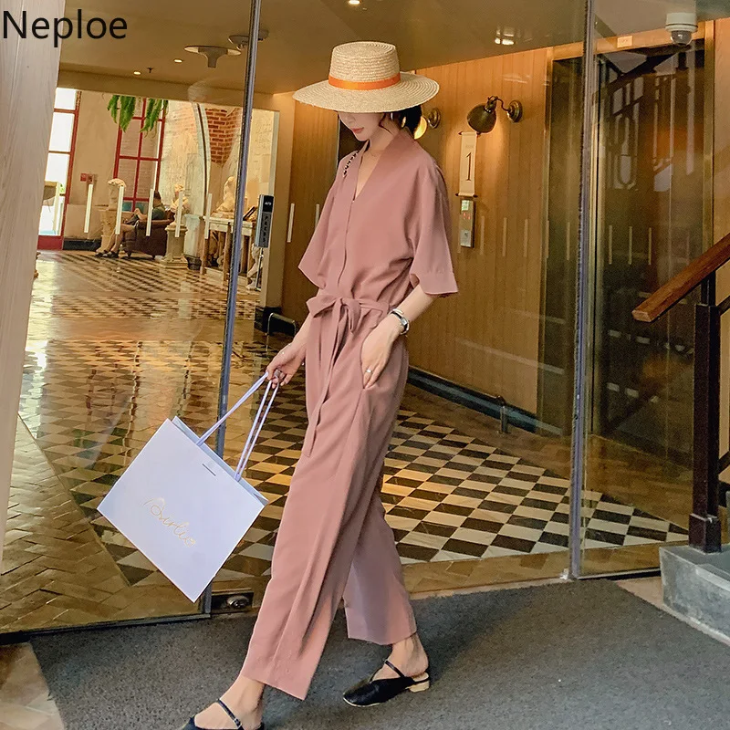 

Neploe Summer 2019 Women Bodysuits Solid V-Neck Short Sleeve Playsuits Korean Drawstring Stright Ankle-Length Jumpsuits 43440