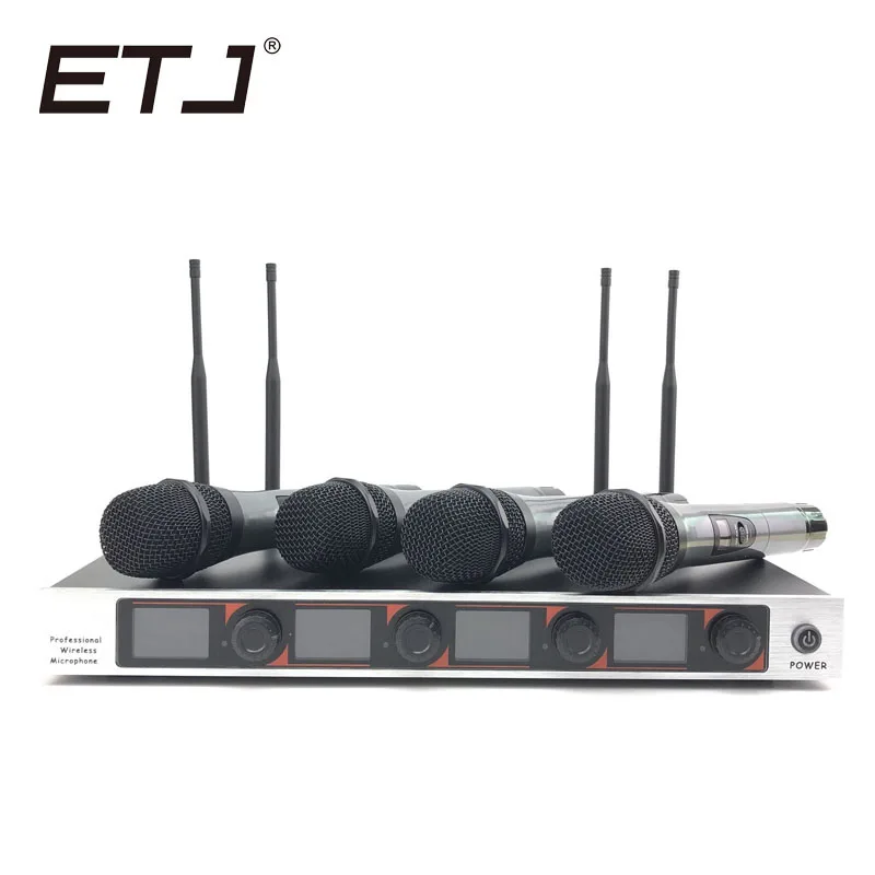 

Free shipping Wireless Microphone System ETJ E-404 Professional Microphone 4 Channel Dynamic 4 Headset Microphone + Karaoke