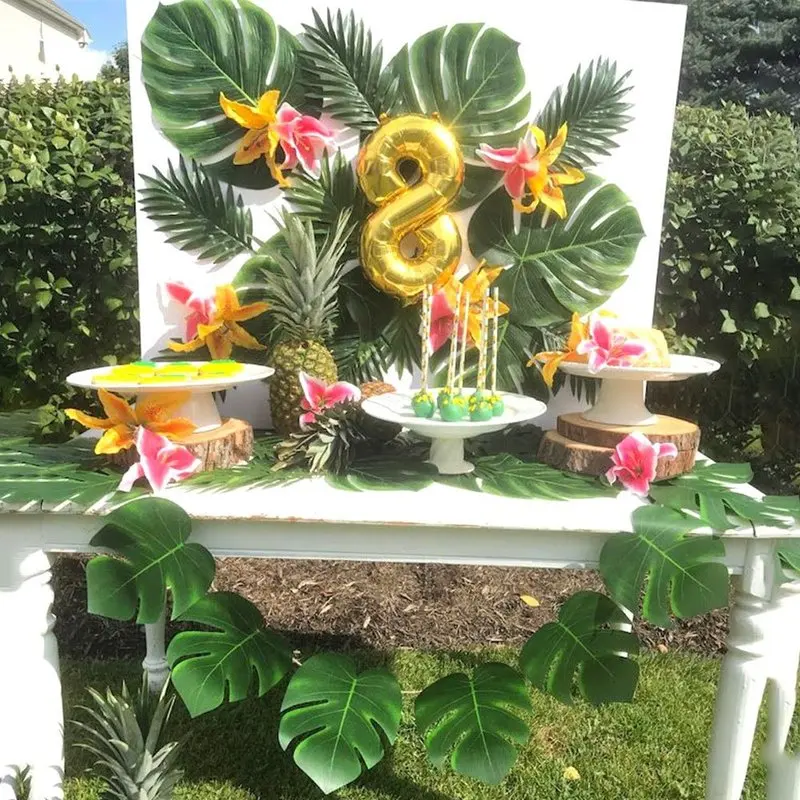 

12pcs Artificial Monstera Brown Leaf Simulation Green Plastic Leaf Hawaiian Party Desktop Ornaments