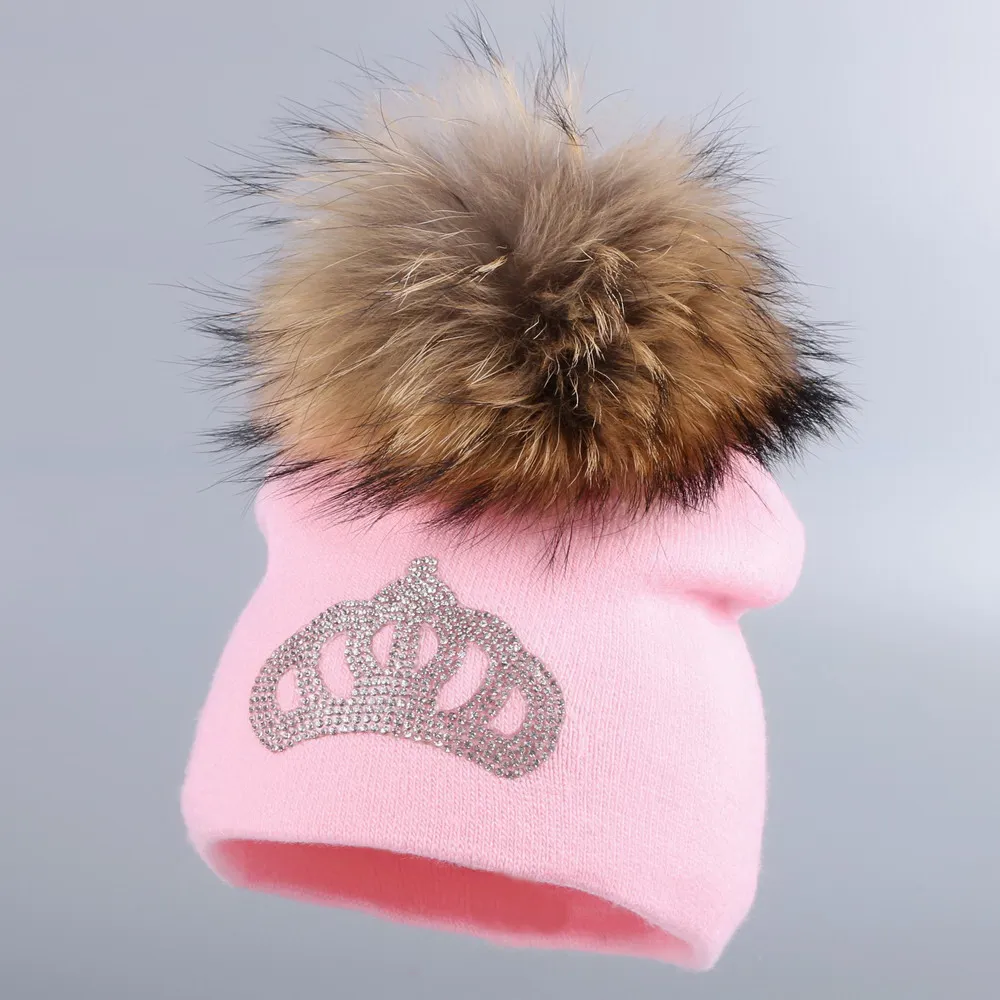 

0 to 2 year old baby knitted winter hat cap girl boy kids cotton fuchsia mink fur pompom children crown beanies casual skullies