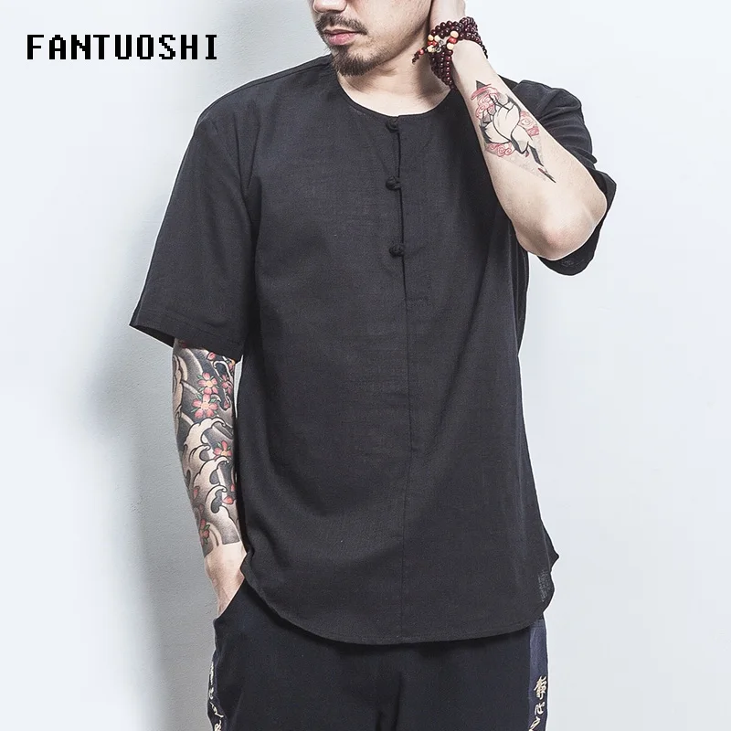 Summer Men's T Shirt Casual O-Neck Short Sleeve Men T-Shirt Mens Clothing Slim Fit Cotton and linen Top Tees black 5XL