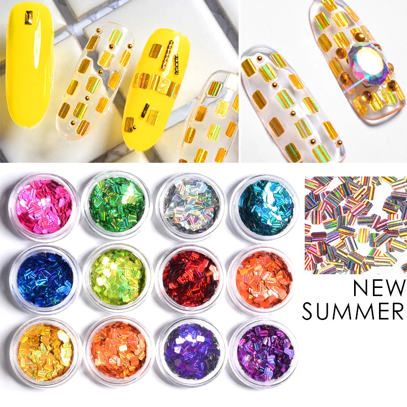 

12pcs Nail Laser Sequins Set Rectangle Stripe Holographic Glitters Flakes DIY Nail Tips