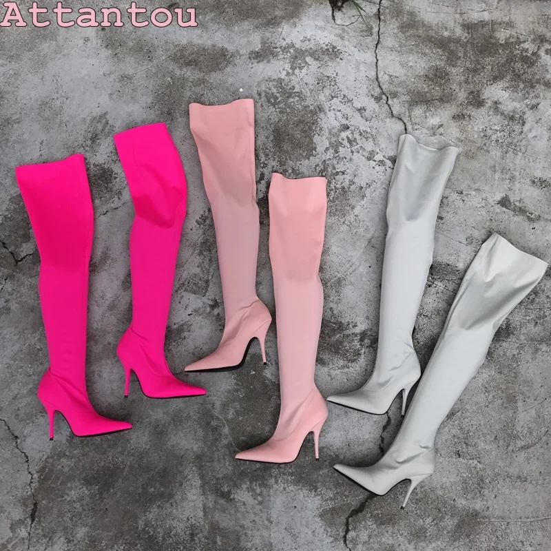 

17 European wind super high with stovepipe elastic boots socks boots solid color pointed sexy high long boots female shoes