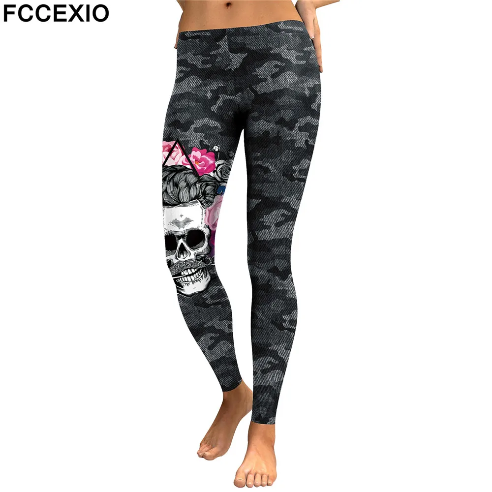 

FCCEXIO New Arrival Leggings Women Skull Head 3D Printed Camouflage Legging Workout Leggins Slim Elastic Plus Size Pants Legins