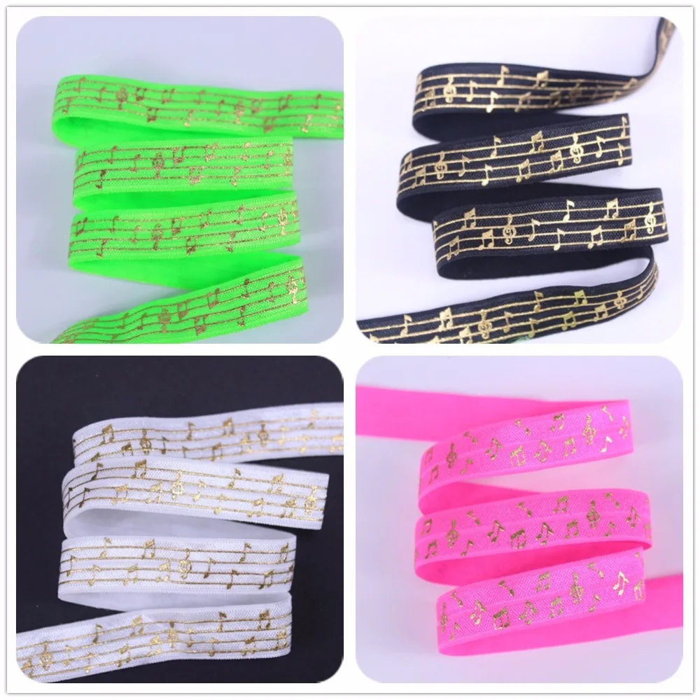 

6 colors 5/8 gold foil musical note print fold over elastic