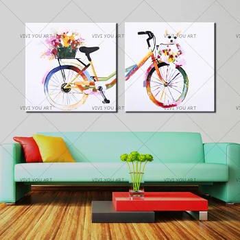 

Colorful Canvas Painting Wall Pictures for Living Room High Skill Artist Handmade Bicycle Wall Art 2 pieces Canvas Art Abstract