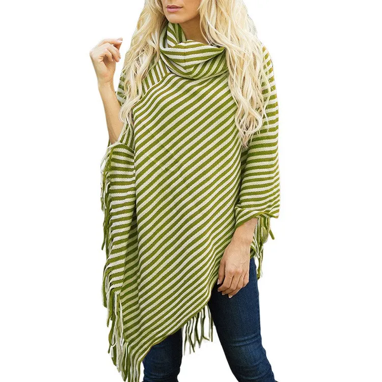Полосатый шарф Теплый Пончо с бахромой Высокий воротник пашмины для Для женщин шарфы Топ зимняя шаль Накидки - Color: Green