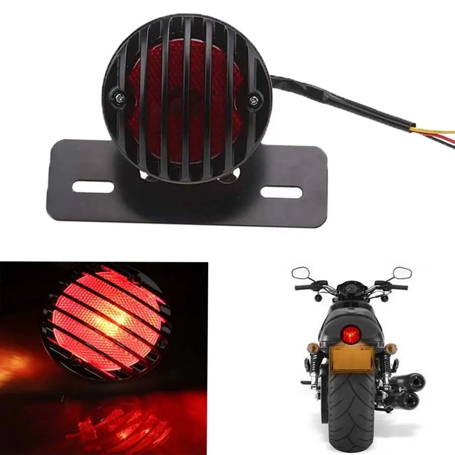 Black Retro Grille Led Brake Tail Light License Plate Bracket For Harley Bobber