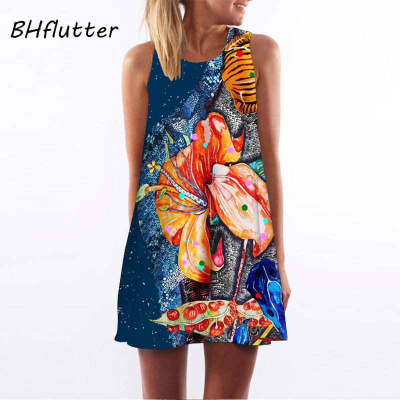 BHflutter Vestidos Verano женское платье с цветочным принтом повседневное шифоновое летнее платье в богемном стиле пляжное короткое платье Мини Сарафан