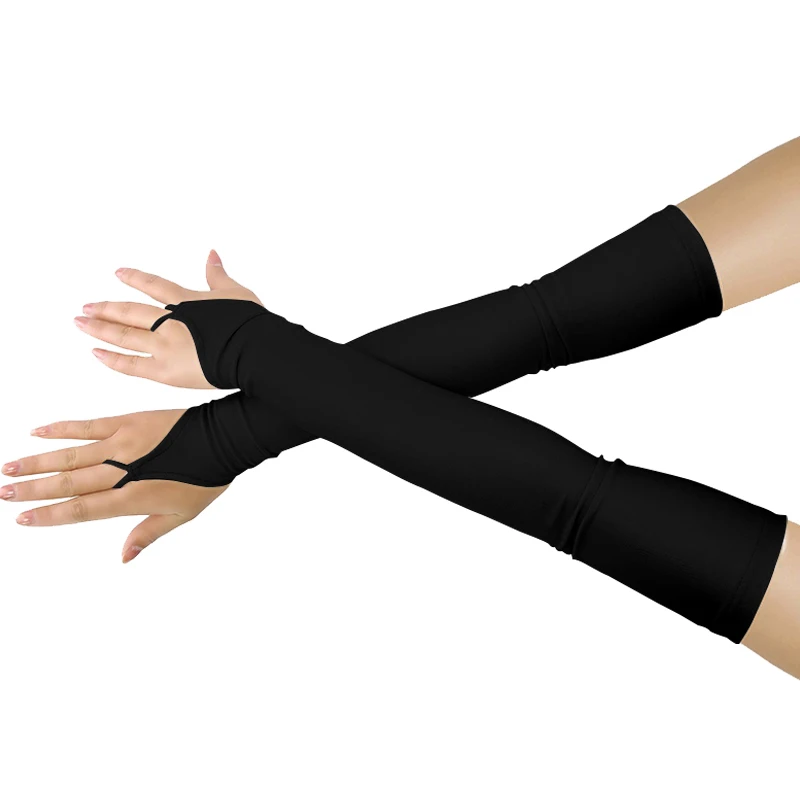 LONG ROYAL BLUE BLACK SPANDEX LACE UP FINGERLESS GLOVES ARM WARMERS