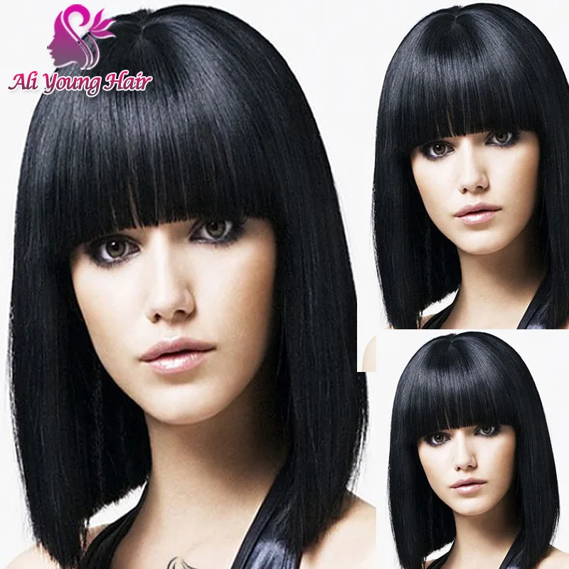 Short Black Bob Wigs With Neat Bangs Cheap Sexy Female Wig Short Haircut Bob Full Lace Human