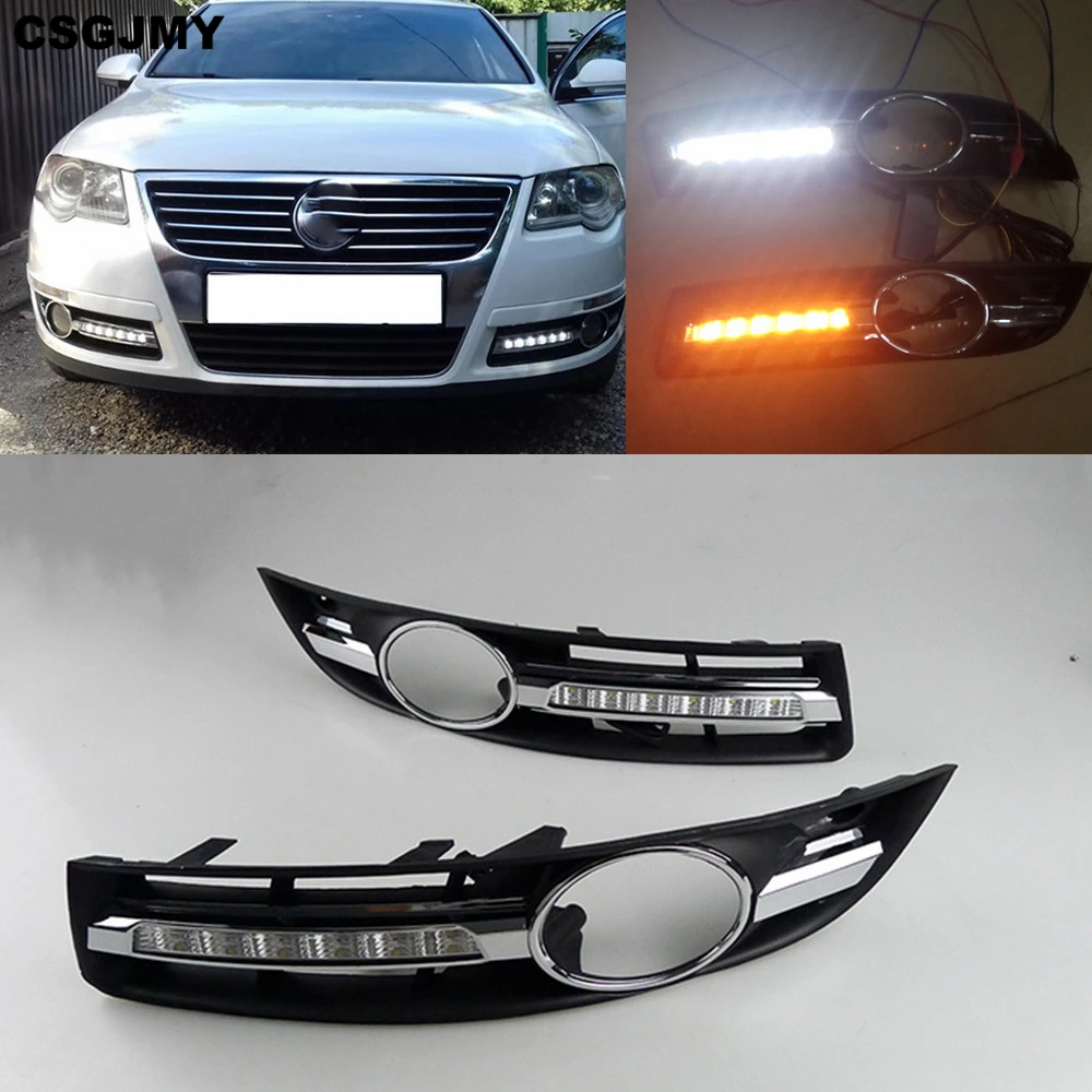 2PCS LED For VW Volkswagen Passat B6 2007 2008 2009 2010 2011 Driving LED DRL lamp Daytime Running Light With Turn Yellow Signal